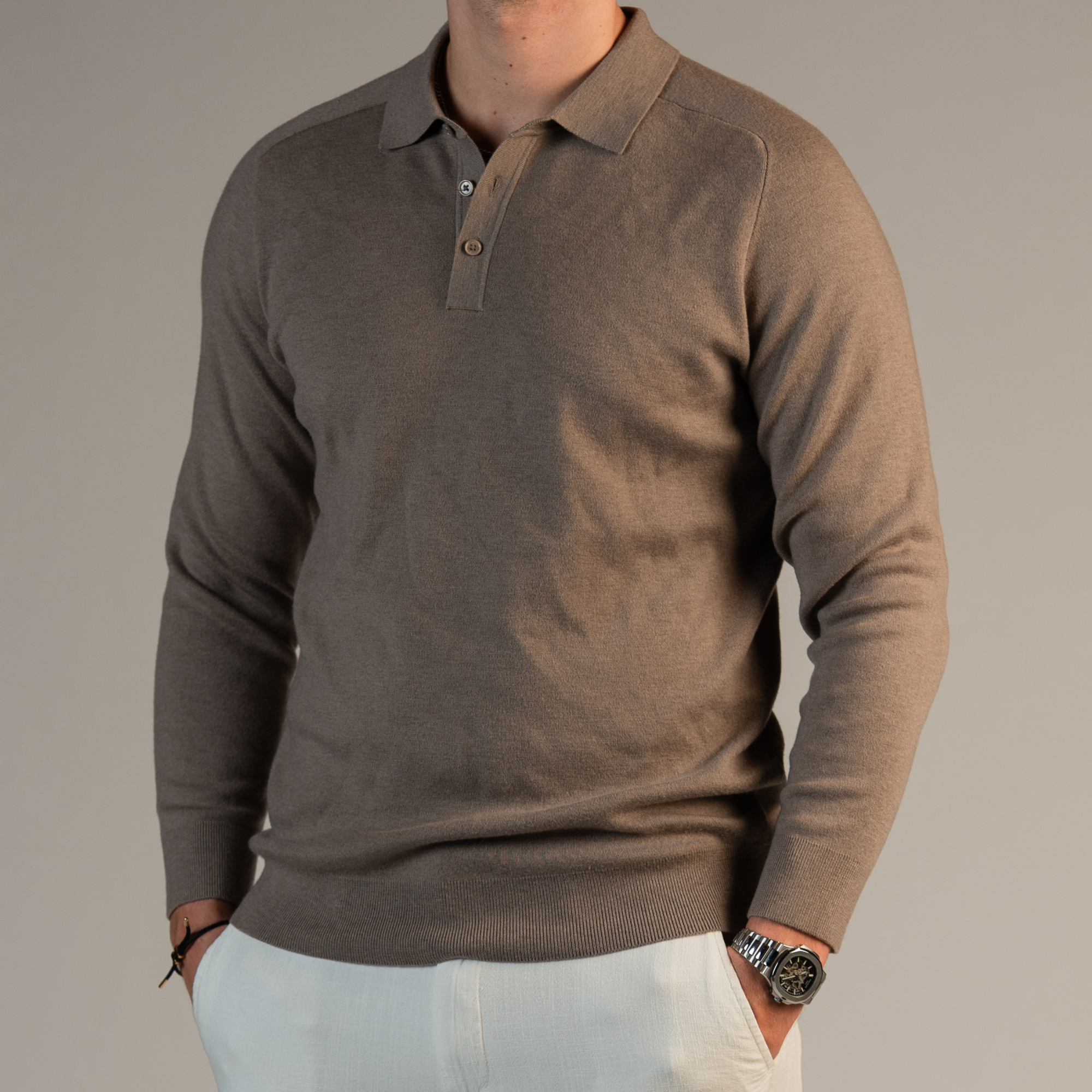 Merino Wool Knitted Long Sleeve Polo