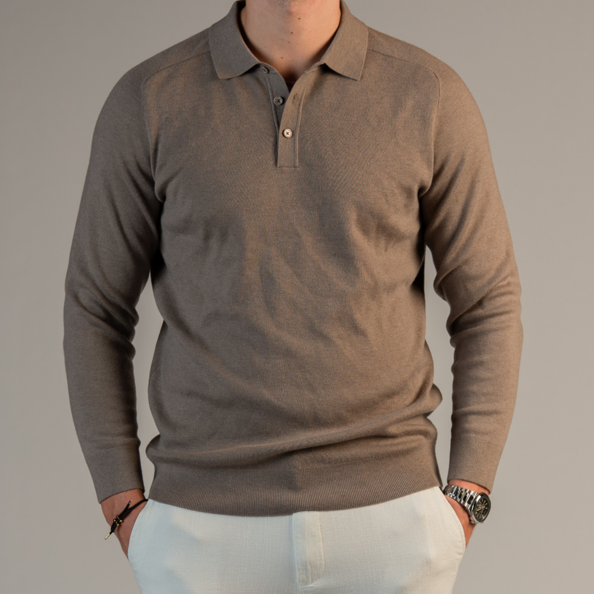 Merino Wool Knitted Long Sleeve Polo