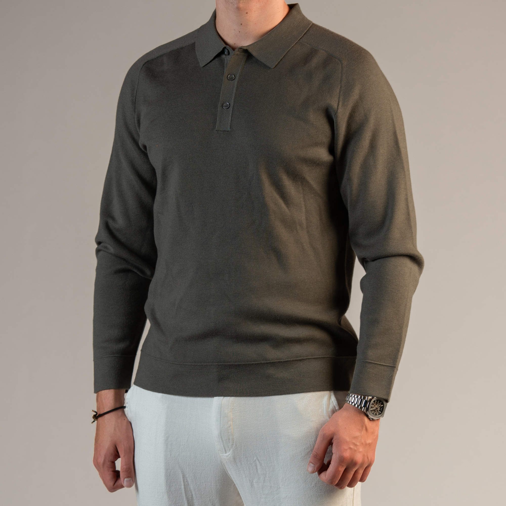 Merino Wool Knitted Long Sleeve Polo
