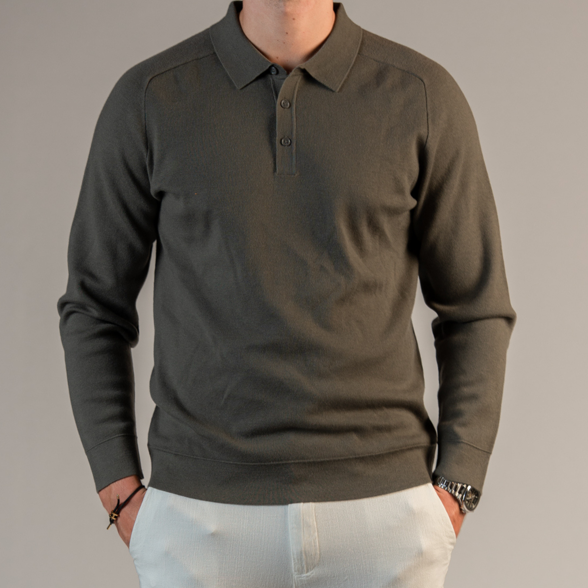 Merino Wool Knitted Long Sleeve Polo